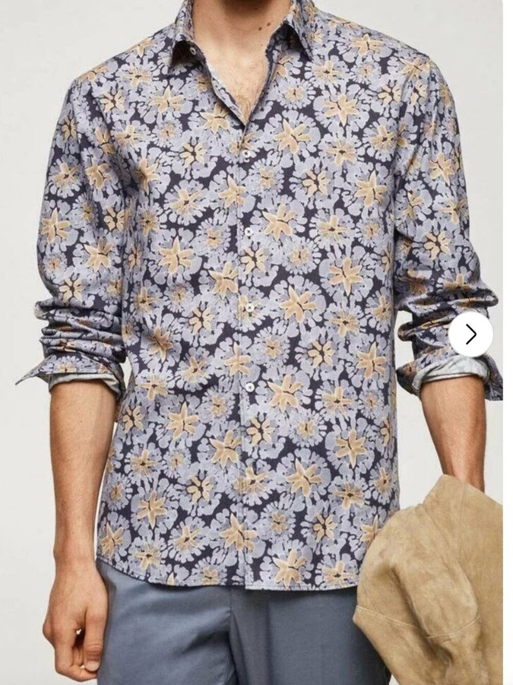 MNG Mens 100% Cotton Floral Collared Button Down Shirt Blue Tan Size L